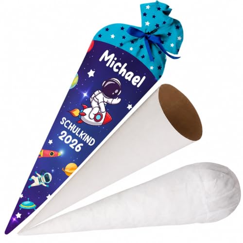 Schultüte Comos mit Namen für Jungen Personalisierte Tüte 70 cm Zuckertüte aus Stoff mit runde Papprohling und Füllung aus Silikonkügelchen große Tüte als Kissen [149]
