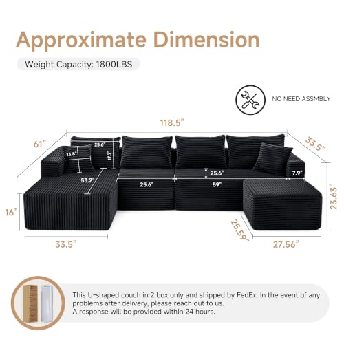 Image of 118 inch Boneless Couch, U-Shaped Sectional Sofa for Living Room - Black