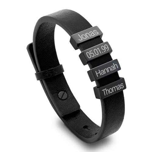 TMT personalisiertes Armband mit Namen (1-6) | schwarz braun Lederarmband Herren mit Gravur | Perfektes Geschenk für Papa Opa, Vatertagsgeschenk personalisiert und Papa Geschenk Geburtstag