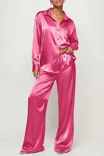 Image of Ekouaer Womens Satin Silky Pajama Set 2 Piece Print PJs Soft Loungewear Button Down Sleepwear with Elastic Waist Long Pants
