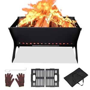 Premium Outdoor Feuerstelle Tragbare, klappbare Feuerstelle mit Kohlerost für Camping, Terrasse & Garten, inklusive Tragetasche & Handschuhe (46 x 32cm)