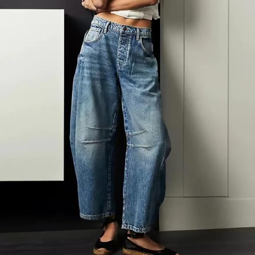 KT Women's Barrel Jeans Wide Leg Mid Rise Denim Ankle Pants Y2k Baggy Boyfriend Jeans with Pockets3