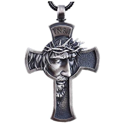 Bontand Croix Jésus Pendentif Tête pour Hommes Hip Hop en Acier Inoxydable Christ Crucifix Croix Prière Choker Alliage Style Longue Chaîne (Argent)