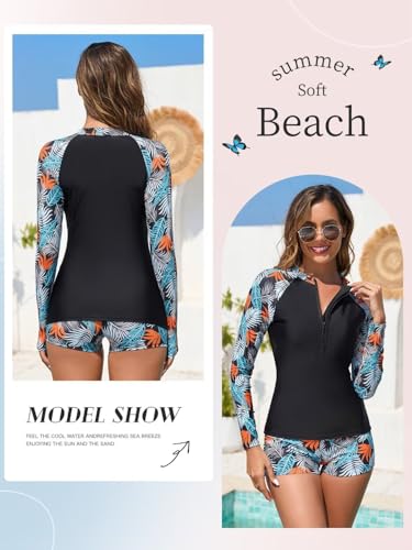 Womens 2 Piece Rash Guard Swimsuit UPF 50+ Zip Swim Shirt and Shorts Long Sleeve Bathing Suits with Build in Bra2