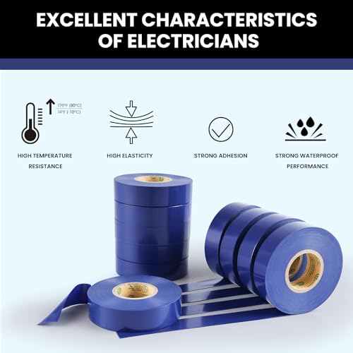 Image of Lichamp 10-Pack Blue Electrical Tape Waterproof, 3 /4 in x 66ft, Industrial Grade UL /CSA Listed High Temp Electrical Tape Blue Electric Super Vinyl