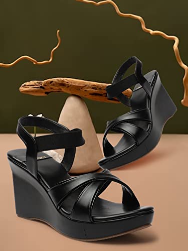 Image of XE Looks Women's Wedge Heel Sandals | Stylish Cross Strap Slip-On Sandals for Girls | Comfortable Cushioned Sole | Open Toe Design | Ideal for Casual Party Office and Formal Wear