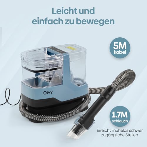 Olvy Teppichreiniger 2.0 - Leistungsstarker 17.000 PA Fleckenentferner mit 1,6m Schlauch, 4m Kabel, Selbstreinigungsfunktion & 500ml Reinigungsmittel - Teppich, Sofa, Matratze & Auto