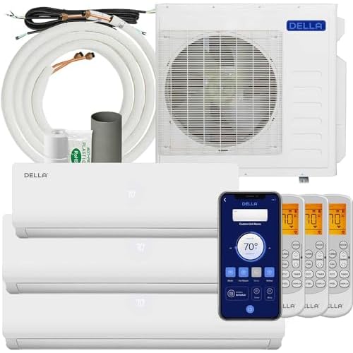 Della 36K BTU ODU Tri 3 Zone 12K 18K 18K BTU 19 SEER2 208-230V Cools Up to 2550 Sq.Ft, Works with Alexa, Wifi Energy Efficient Multi Zone Mini Split Air Conditioner Pre-Charged Heat Pump Full Set