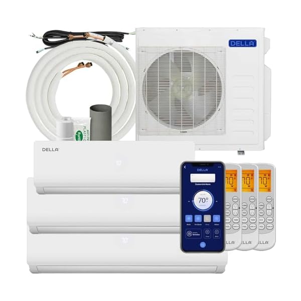 Della 36K BTU ODU Tri 3 Zone 12K 18K 18K BTU 19 SEER2 208-230V Cools Up to 2550 Sq.Ft, Works with Alexa, Wifi Energy Efficient Multi Zone Mini Split Air Conditioner Pre-Charged Heat Pump Full Set