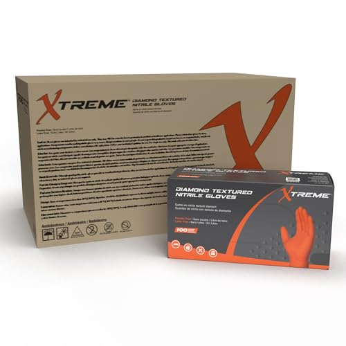 Xtreme Orange Nitrile Gloves with Diamond Texture, Powder Free, Industrial Grade, Size X-Large, Case of 1000 Gloves