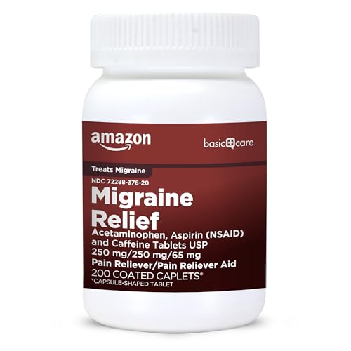 Image of Amazon Basic Care Migraine Relief Acetaminophen, Aspirin (NSAID) and Caffeine Tablets, Pain Reliever /Pain Reliever Aid, 200 Count