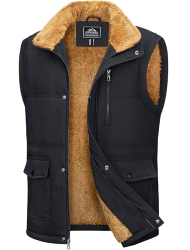 MAGCOMSEN Herren Outdoor Weste Winter Fleeceweste Warme Stehkragen Übergangsjacke Männer Gefüttert Winter Jacken Angeln Wandern Gilet Schwarz XL