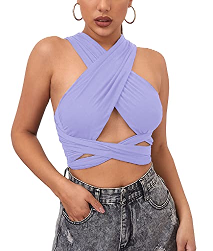Elfurie Women s Criss Cross Halter Neck Top Wrap Cutout Crop Top Sexy Tie Back Strappy Bandage Y2K Multi Way