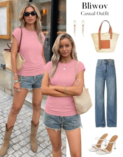 Image of Bliwov Womens Summer Tops Cap Sleeve Crew Neck Casual T Shirts