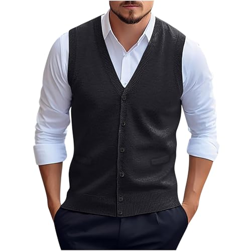 Mens Button-up Sweater Vest V Neck Knitted Waistcoat Casual Sleeveless Button Down Sweater Dress Knit Cardigan Vests
