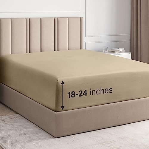 Extra Deep Queen Fitted Sheet - Hotel Luxury Single Fitted Sheet Only - Easily Fits 18 inch to 24 inch Mattress - Soft, Wrinkle Free, Breathable & Comfy Extra Deep Pockets Cream Fitted Sheet
