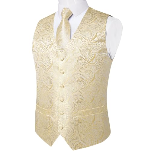 Image of DiBanGu Mens Vest and Tie Set Formal Paisley Waistcoat and Necktie Pocket Square Cufflinks Silk Suit Vest for Tuxedo Wedding