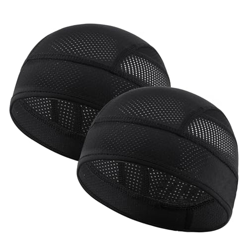 Lystaii 2 Pack Cooling Skull Caps Lightweight Breathable Mesh Cycling Hats Helmet Liner Summer Quick Dry Sweat Wicking Men Women Black