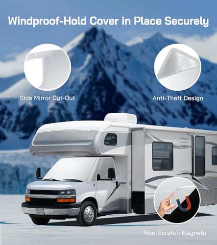 VANNCAMP RV Windshield Cover for Chevy Motorhome 2001-2020, Thick Oxford Front Window Sunshade, Class C RV Windshield Cover for Ice & Snow, Gray with Mirror Cutouts