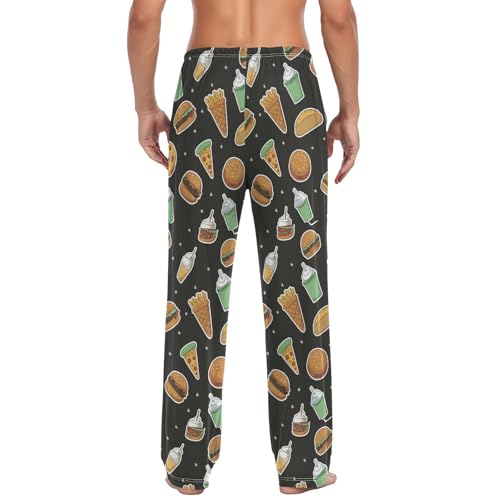 Men’s Fast Food Stickers Pajama Pants with Pockets, Comfortable Lounge Sleep Bottoms#4632
