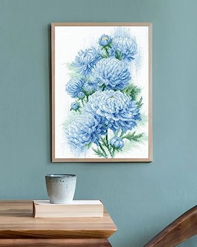 Image of RIOLIS - Delicate Chrysanthemums 2140, Cross Stitch Kits 8 inch x 11 inch, Cross Stitch Kits for Adults, Floral Counted Cross Stitch Kits, Embroidery Kit for Beginners & Advanced, Crossstitching Kits