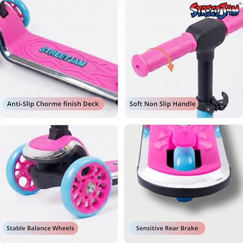 Image of STREETJAM Kurbee Kids Kick Scooter for 3-12 Years, Dazzling Chrome-Finished Deck (1st Time in India), BIS Approved, Extra Wide Deck, Two-Tone Design, Up to 50 kg Load (Magenta with Cyan Blue)