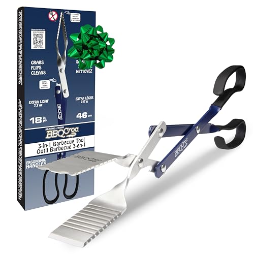 BBQCroc 3 in 1 Barbecue Tool 18-inch - Light and Long Tongs, Spatula and Grill Scraper (Blue) (18 inch Without Flashlight)