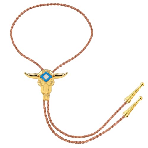 Image of GelConnie Gold Longhorn Bolo Tie for Men & Women Western Cowboy Tie Style | Bolo Tie for Men with Gold Longhorn Skull Blue Enamel, Adjustable Cowboy Ties for Men and Western Tie Dress Shirt Outfit