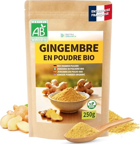DETOX ORGANICA Gingembre en Poudre Bio 250 g – 100% Pure & Naturelle – Racine de Gingembre Moulue – Saveur Intense – Sachet Refermable – Idéal Infusions, Cuisine, Smoothies, Boost Immunité