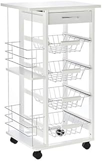 HOMCOM Rolling Kitchen Cart, Utility Storage Cart with 4 Basket Drawers & Side Racks, Wheels for Dining Room, White