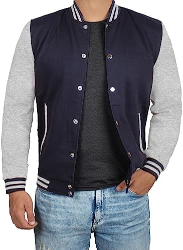 Decrum Navy Blue And Grey Men Varsity Jacket for Adult - Blue Letterman Jacket [40039044] | Plain Grey Sleeve, L
