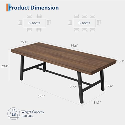 Image of GarveeHome Industrial Dining Table for 8-10 People, 86.61 inch Long Large Kitchen Table with Sturdy Metal Frame, Rectangular Counter for Dinner, Kitchen, Dining Room (Brown, 87 inch Non-extendable)