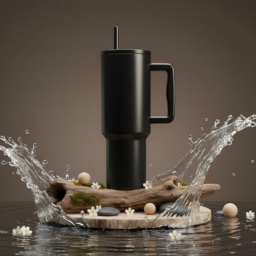 Image of Personalised 1200ml Insulated Stainless Steel Tumbler with Handle and Straw Lid - Large Travel Mug for Coffee & Water, Double Wall Vacuum Cup, Car Cupholder Friendly (Black)