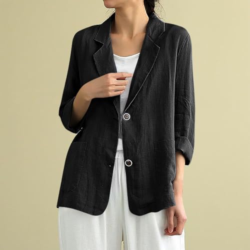 Womens Linen Suit Shirts Jackets Solid Color Long Sleeves Button Notched Collar Business Casual Blazer Blouse Tops2