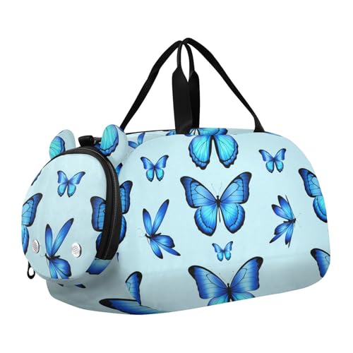 Blue Butterflies Duffle Bag for Girl, Sports Duffle Gym Bags with Shoe Compartment, Personalized Overnight Bag Travel Weekender for Kids