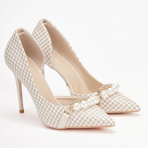 Womens Pumps Shoes High Heels Stiletto Pointed Closed Toe D'Orsay Elegant Houndstooth Pattern Design with Pearls Chain Dress Party Wedding Classic Work Heels for Ladies4