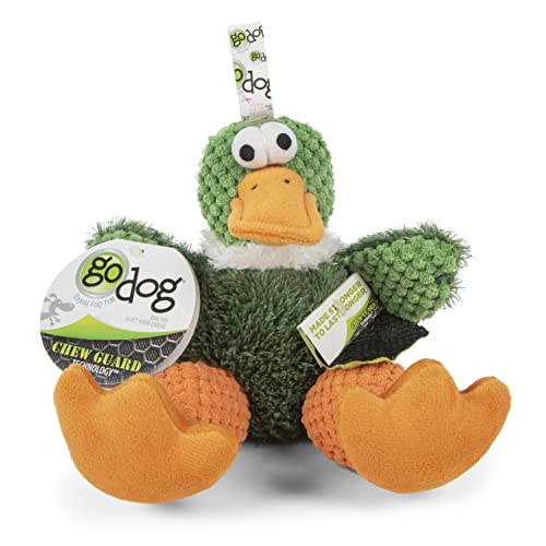 Image of goDog Checkers Sitting Duck Squeaky Plush Dog Toy, Chew Guard Technology - Green, Small