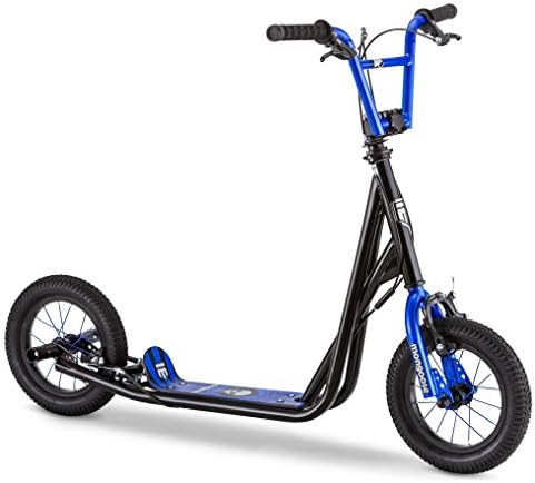 Mongoose Expo Youth Scooter, Front and Rear Caliper Brakes, Rear Axle Pegs, 12-Inch Inflatable Wheels, Black/Blue