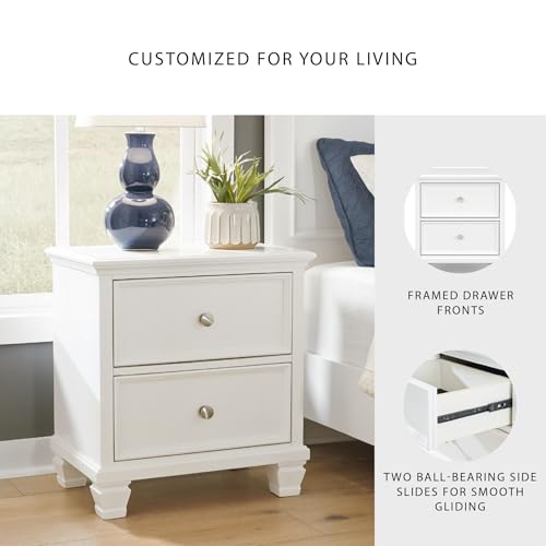 Image of Signature Design by Ashley Fortman White Nightstand, 2 Drawer Storage, Hardwood Solids and MDF Construction, Traditional Wood Bedside Table, 25 inch W