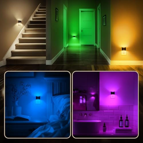 Image of DORESshop LED Night Light[2 Pack], RGB Night Lights Plug into Wall, 3 Level Brightness Adjustable Plug in Night Light, Dusk to Dawn Sensor, Nightlights for Adults, Bedroom, Bathroom, Hallway
