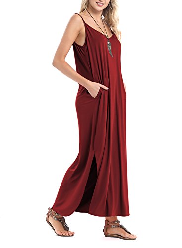 Image of HUSKARY Women's Summer Casual Sleeveless V Neck Strappy Split Loose Dress Beach Cover Up Long Cami Maxi Dresses with Pocket