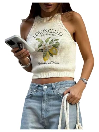 Women's Lemon Graphic Sleeveless Sweater Tank Top Knitted Slim Fit Crop Halter Tops