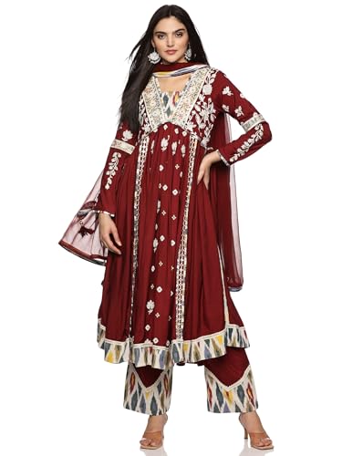 Image of RAJMANDIRFABRICS Silk Women's Muslin Embroidered Fabric With Solid Colour Full Salwar Suit Set