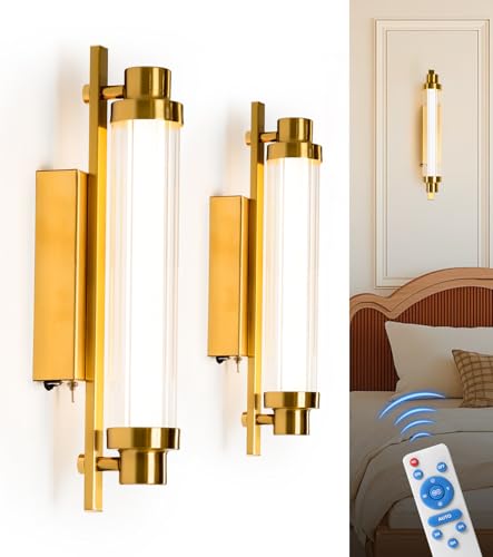 Image of Set of 2 Gold 12000mAh LED Crystal Wireless Battery Wall Sconces | 12000mAh long battery, remote dimmable timer, renter no hardwire crystal light for vanity bathroom living room hallway
