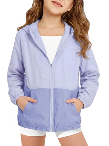 Haloumoning Girls Hooded Jacket Kids Lightweight Color Block Sun Protection Jackets 5-14 Years