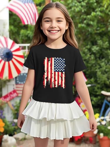 Image of VVNTY Girls American Flag Crop Tops Kids USA Crop Shirt Patriotic 4th of July Tops 5-14 Years