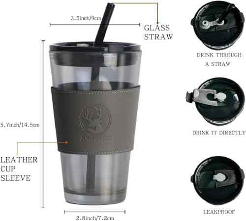 Image of WEZOSHINET Glass Tumbler with Lid and Glass Straw Coffee Tea Milk Mug for Home Office and Traveling Espresso Chocolate & Beverage, Mocha, Cappuccino, Shake, Juice Mug Black 450ML (Grey)