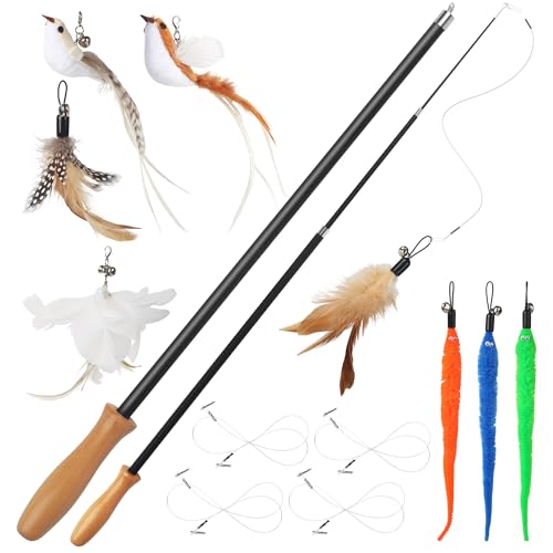 LIAILA 14 Giochi per Gatti, Set Gioco Gatto contenenti 2 canne da pesca a gatti lunghe (42-110 cm), 4 linee, 2 uccelli, 3 piume e 3 insetti. Giochi interattivi per gatti con campana