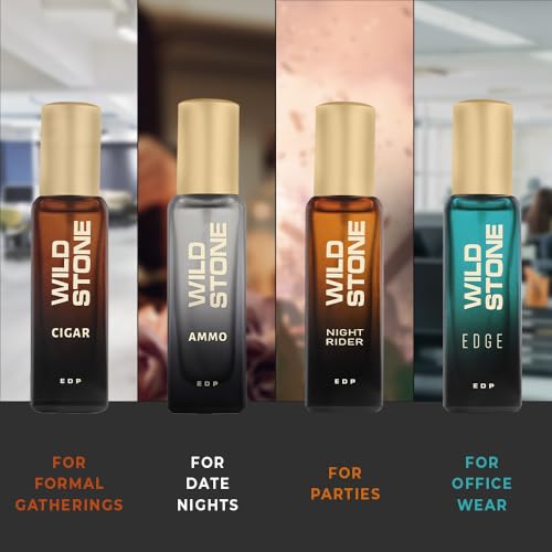 Image of Wild Stone Perfume Gift Set for Men, Pack of 4 (4x20ml) | Luxury Perfume for Men | Long-Lasting Fragrances Gift Set | EAU DE Parfum Gift for Men with Ammo, Cigar, Edge & Night Rider
