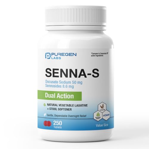 Puregen Labs Senna-S Natural Vegetable Laxative Plus Stool Softener Dual Action - 250 Tablets Senna Plus | Gentle Dependable Overnight Relief of Occasional Constipation